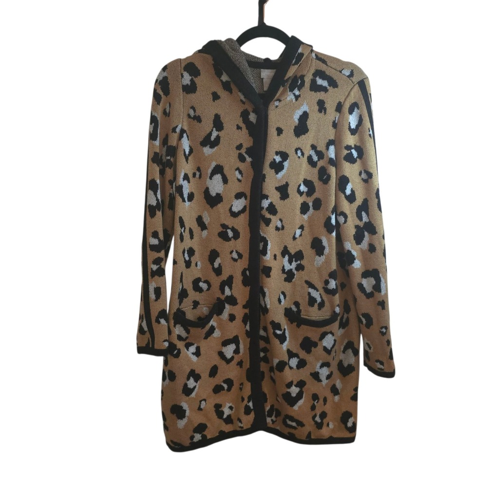 Chico's Size 1 Leopard Print Hooded Cardigan Coatigan Knit Jacket Fall Layering‎